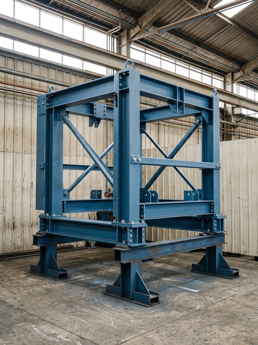 Painted blue machine frame assembled on stands inside the Roebuck plant